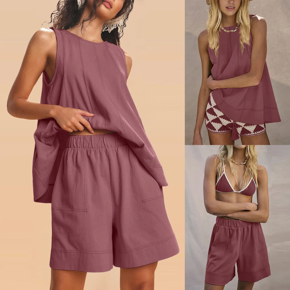 Women Two Piece Short Set Drawstring Elastic Waist Pants Round Neck Tank Tops Comfy Sweatsuit Soft Sleepwear