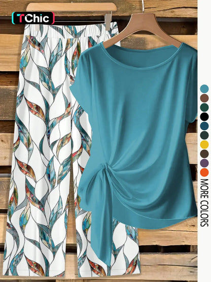 This Week's Special Price💥Women's Casual Printed Necktie Shirt and Loose Straight Pants Set