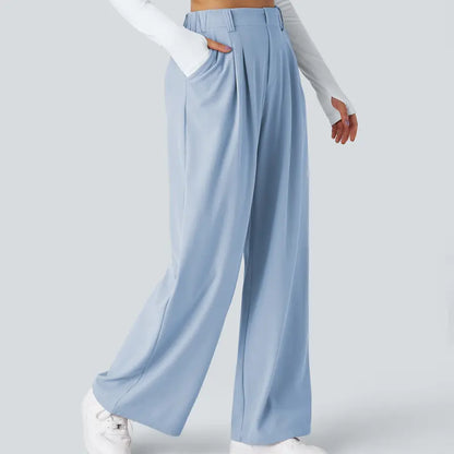 Women High Waist Waffle Knit Wide Leg Pants With Side Utility Pockets