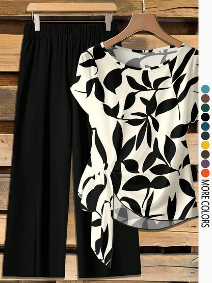 This Week's Special Price💥Women's Casual Printed Necktie Shirt and Loose Straight Pants Set