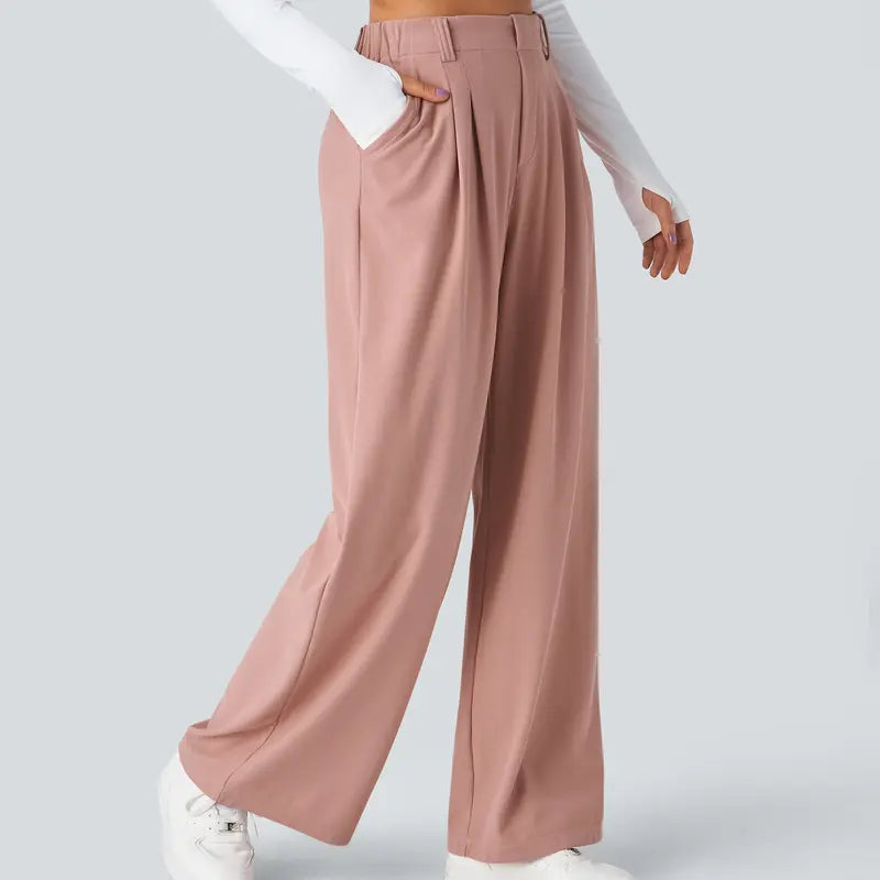 Women High Waist Waffle Knit Wide Leg Pants With Side Utility Pockets