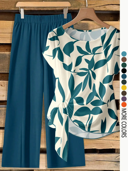 This Week's Special Price💥Women's Casual Printed Necktie Shirt and Loose Straight Pants Set