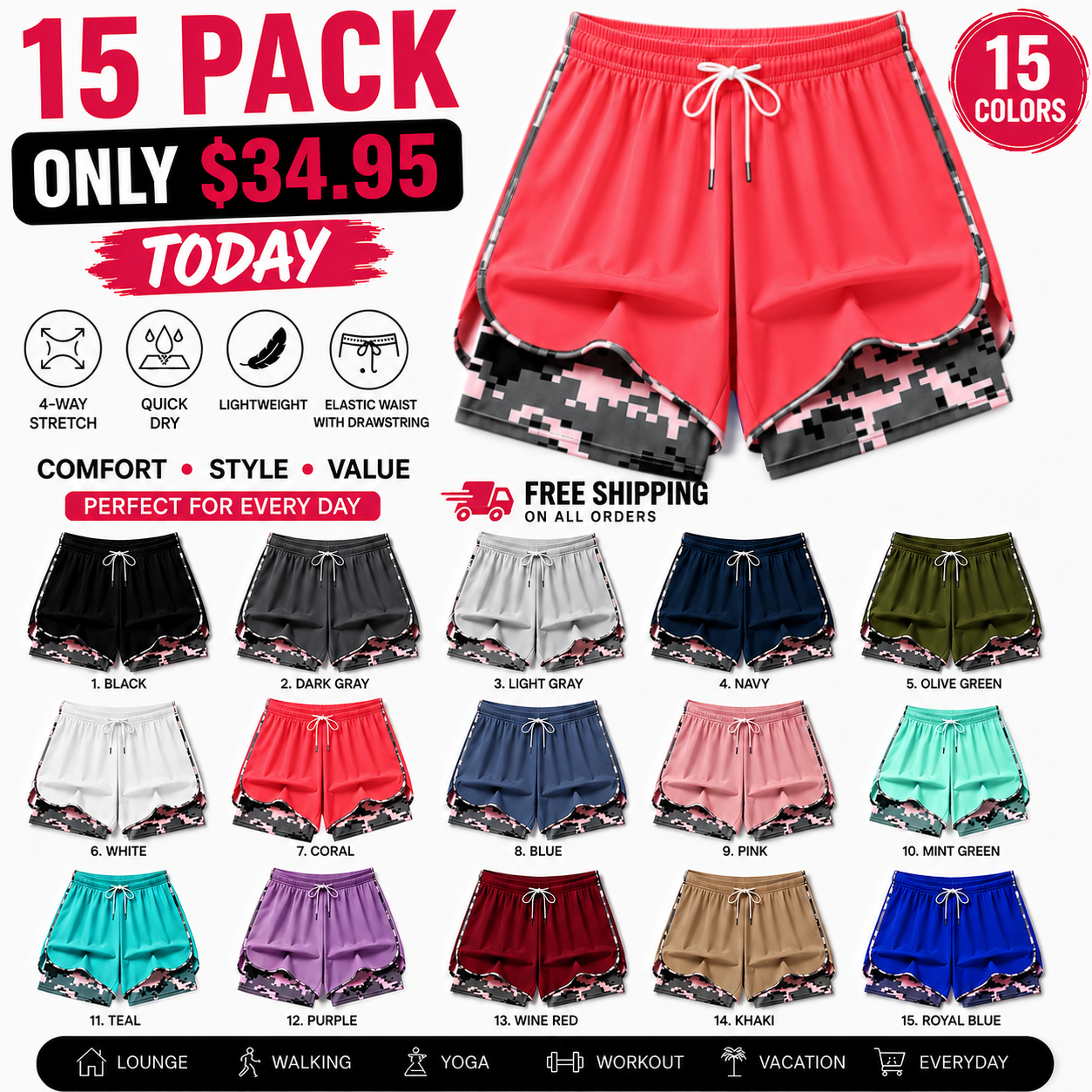 【LAST DAY SALE】Women’s casual athletic shorts with pockets