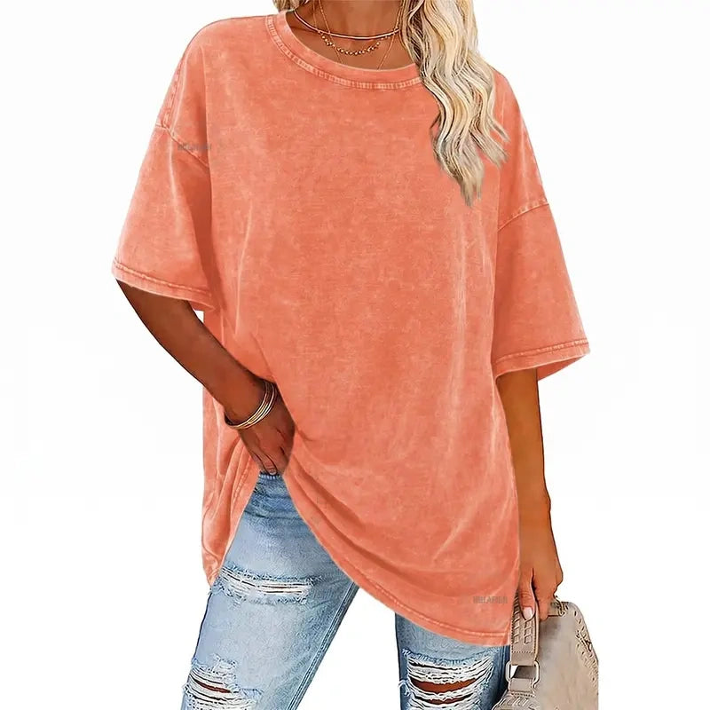 Women's Vintage T-Shirt  Acid Washed Cotton Loose Fit Crewneck Tshirts
