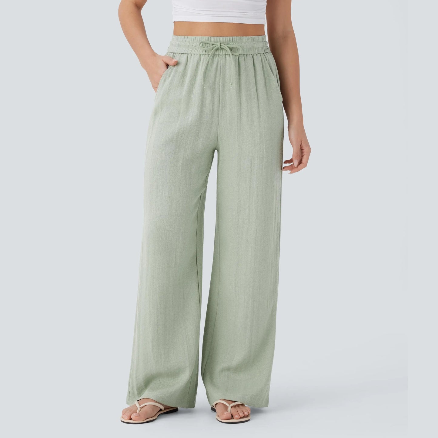 Waisted Drawstring Pocket Wide Leg Baggy Casual Linen-Feel Pants
