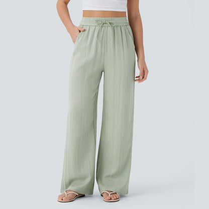 Waisted Drawstring Pocket Wide Leg Baggy Casual Linen-Feel Pants