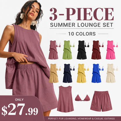 Women Two Piece Short Set Drawstring Elastic Waist Pants Round Neck Tank Tops Comfy Sweatsuit Soft Sleepwear