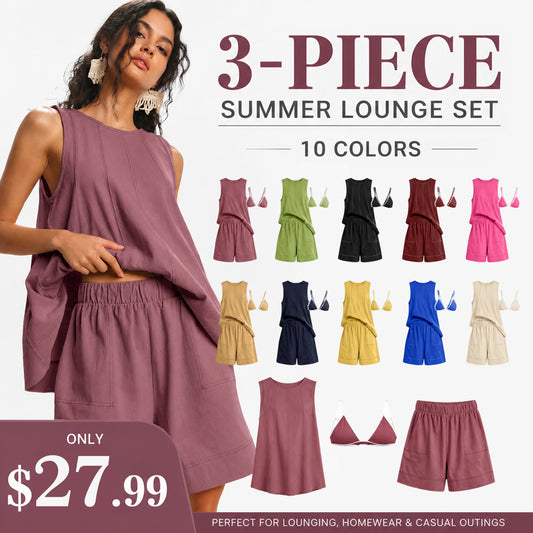 Women Two Piece Short Set Drawstring Elastic Waist Pants Round Neck Tank Tops Comfy Sweatsuit Soft Sleepwear
