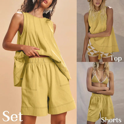 Women Two Piece Short Set Drawstring Elastic Waist Pants Round Neck Tank Tops Comfy Sweatsuit Soft Sleepwear
