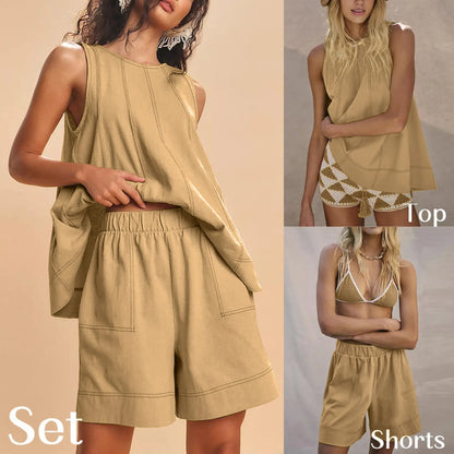 Women Two Piece Short Set Drawstring Elastic Waist Pants Round Neck Tank Tops Comfy Sweatsuit Soft Sleepwear