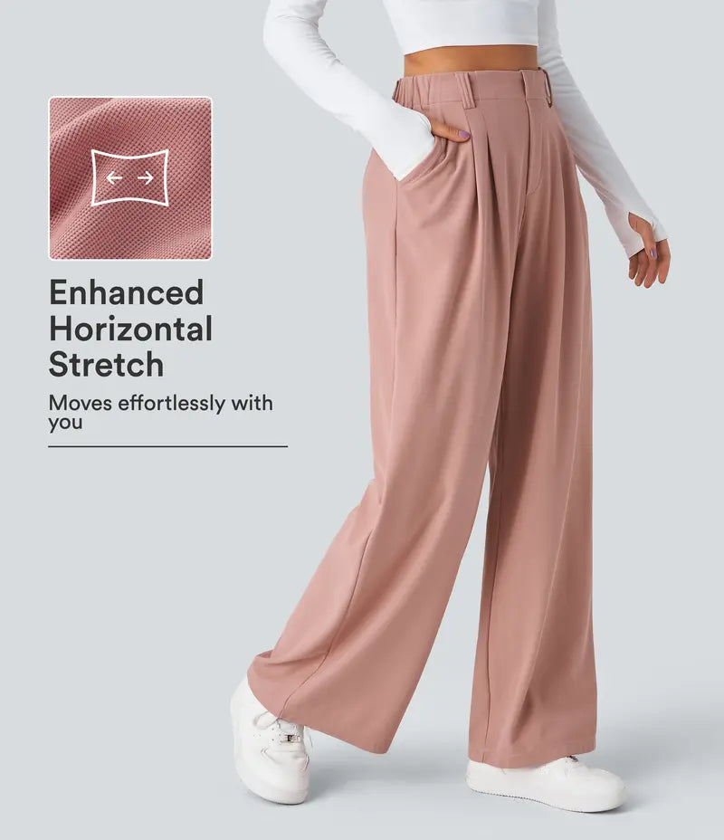 Women High Waist Waffle Knit Wide Leg Pants With Side Utility Pockets