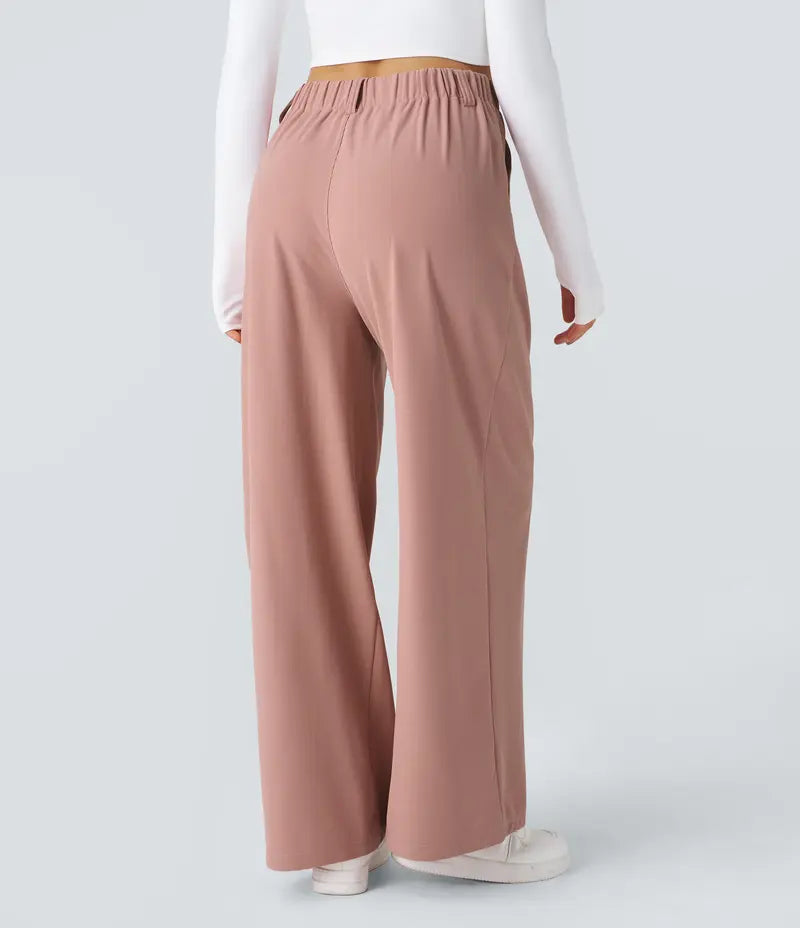 Women High Waist Waffle Knit Wide Leg Pants With Side Utility Pockets