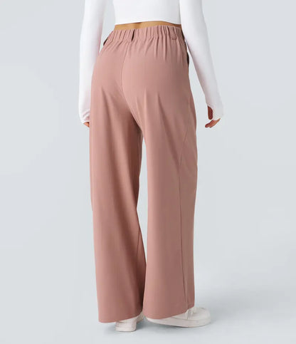 Women High Waist Waffle Knit Wide Leg Pants With Side Utility Pockets