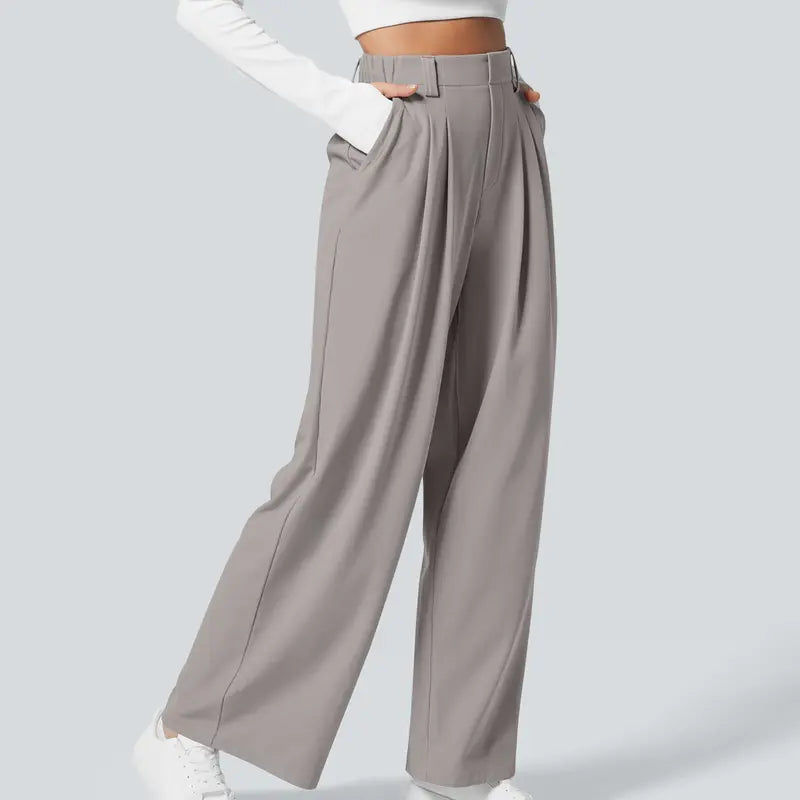 Women High Waist Waffle Knit Wide Leg Pants With Side Utility Pockets