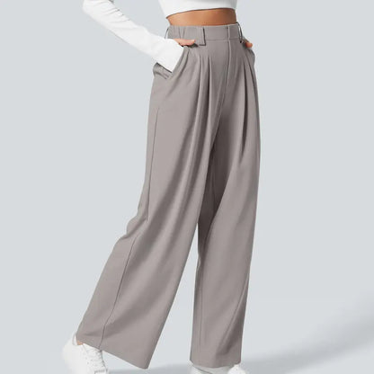 Women High Waist Waffle Knit Wide Leg Pants With Side Utility Pockets