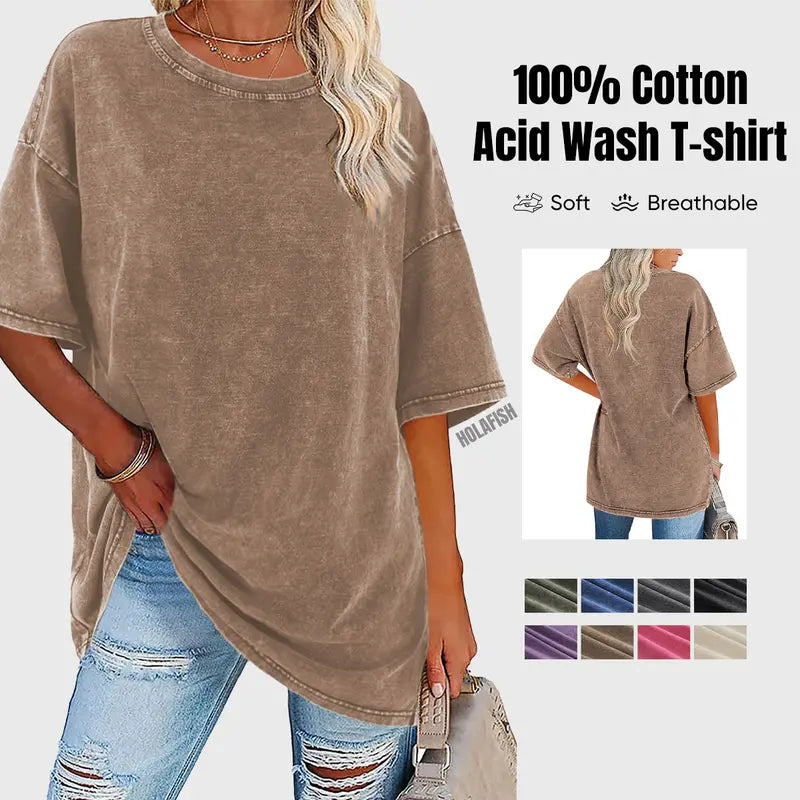Women's Vintage T-Shirt  Acid Washed Cotton Loose Fit Crewneck Tshirts