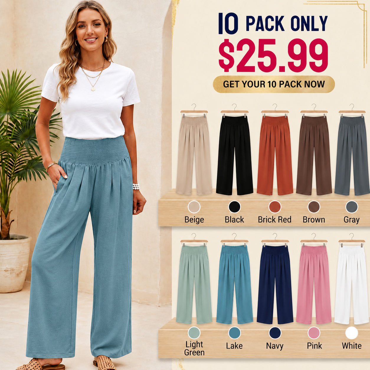 ✨Women’s Linen Wide Leg Palazzo Pants – High Waist Boho Beach Vacation Lounge Pants