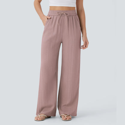 Waisted Drawstring Pocket Wide Leg Baggy Casual Linen-Feel Pants