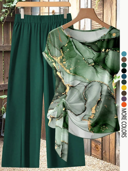 This Week's Special Price💥Women's Casual Printed Necktie Shirt and Loose Straight Pants Set