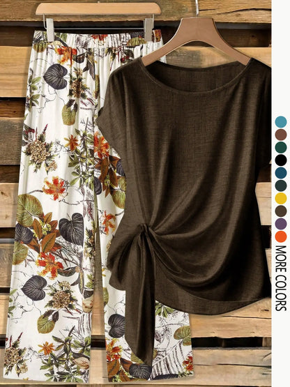 This Week's Special Price💥Women's Casual Printed Necktie Shirt and Loose Straight Pants Set