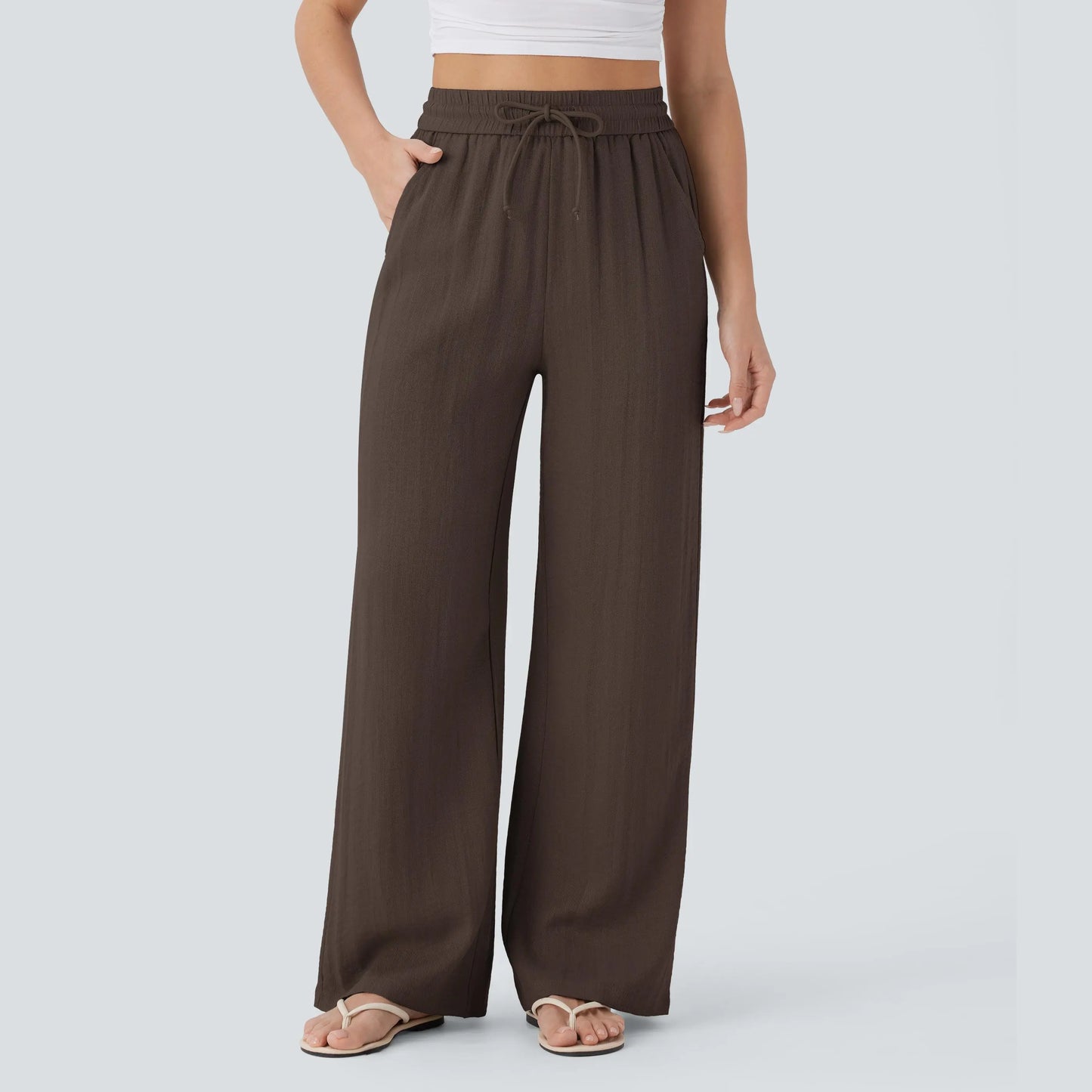 Waisted Drawstring Pocket Wide Leg Baggy Casual Linen-Feel Pants