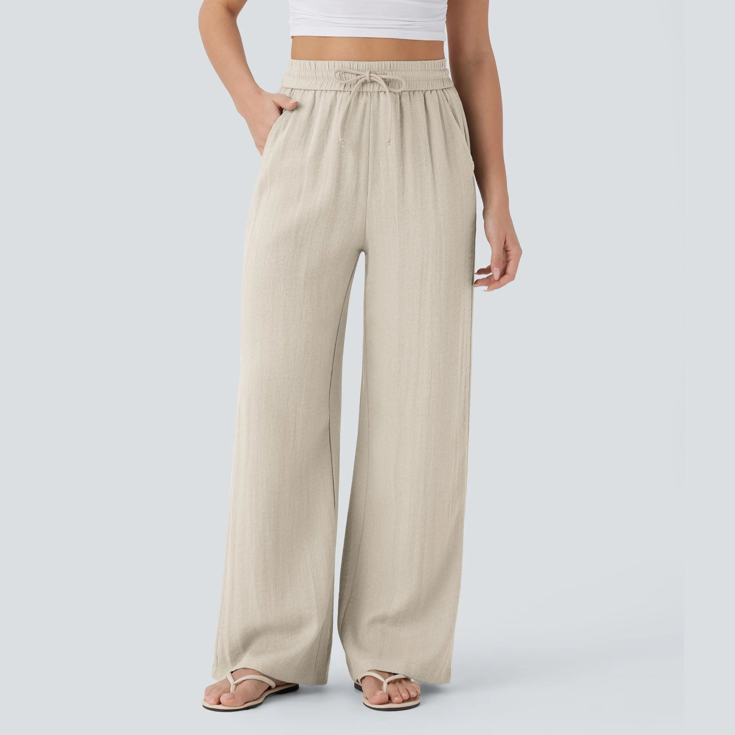 Waisted Drawstring Pocket Wide Leg Baggy Casual Linen-Feel Pants