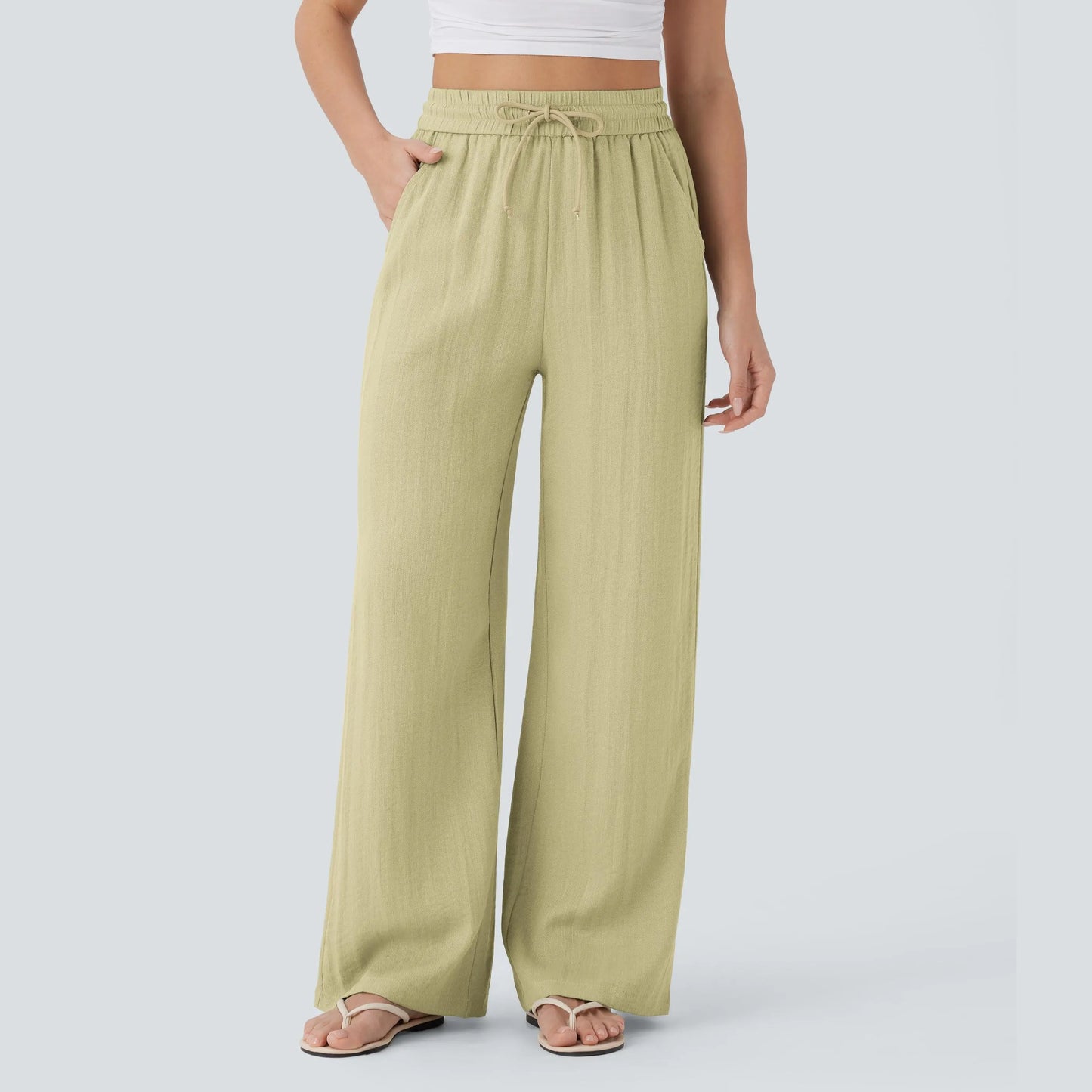 Waisted Drawstring Pocket Wide Leg Baggy Casual Linen-Feel Pants