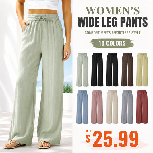 Waisted Drawstring Pocket Wide Leg Baggy Casual Linen-Feel Pants
