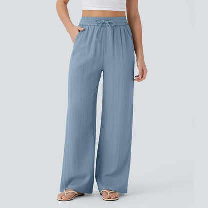 Waisted Drawstring Pocket Wide Leg Baggy Casual Linen-Feel Pants