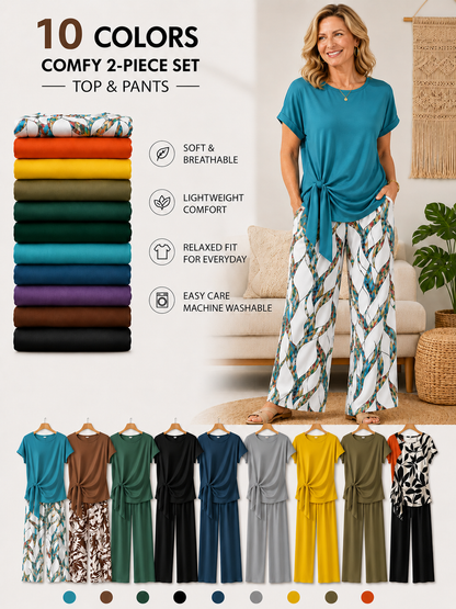 This Week's Special Price💥Women's Casual Printed Necktie Shirt and Loose Straight Pants Set