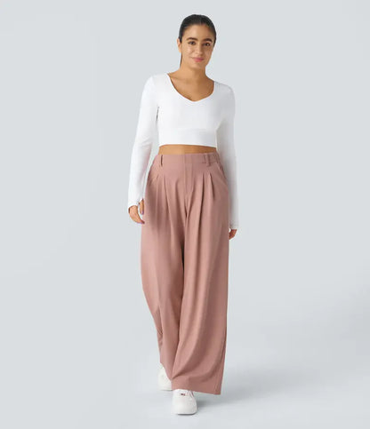 Women High Waist Waffle Knit Wide Leg Pants With Side Utility Pockets