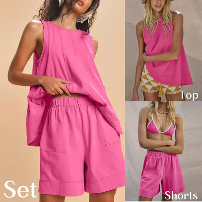Women Two Piece Short Set Drawstring Elastic Waist Pants Round Neck Tank Tops Comfy Sweatsuit Soft Sleepwear