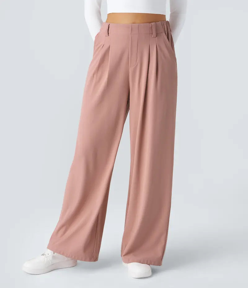 Women High Waist Waffle Knit Wide Leg Pants With Side Utility Pockets