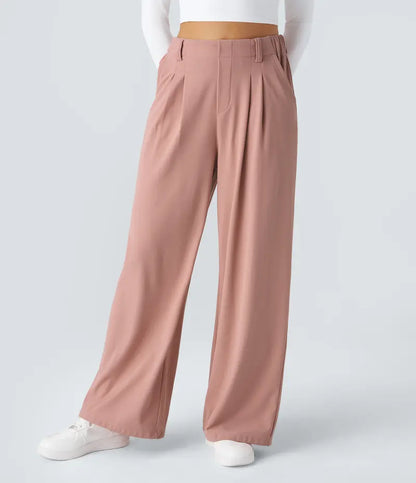 Women High Waist Waffle Knit Wide Leg Pants With Side Utility Pockets