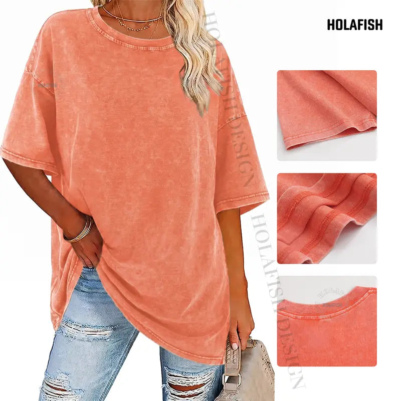 Women's Vintage T-Shirt  Acid Washed Cotton Loose Fit Crewneck Tshirts