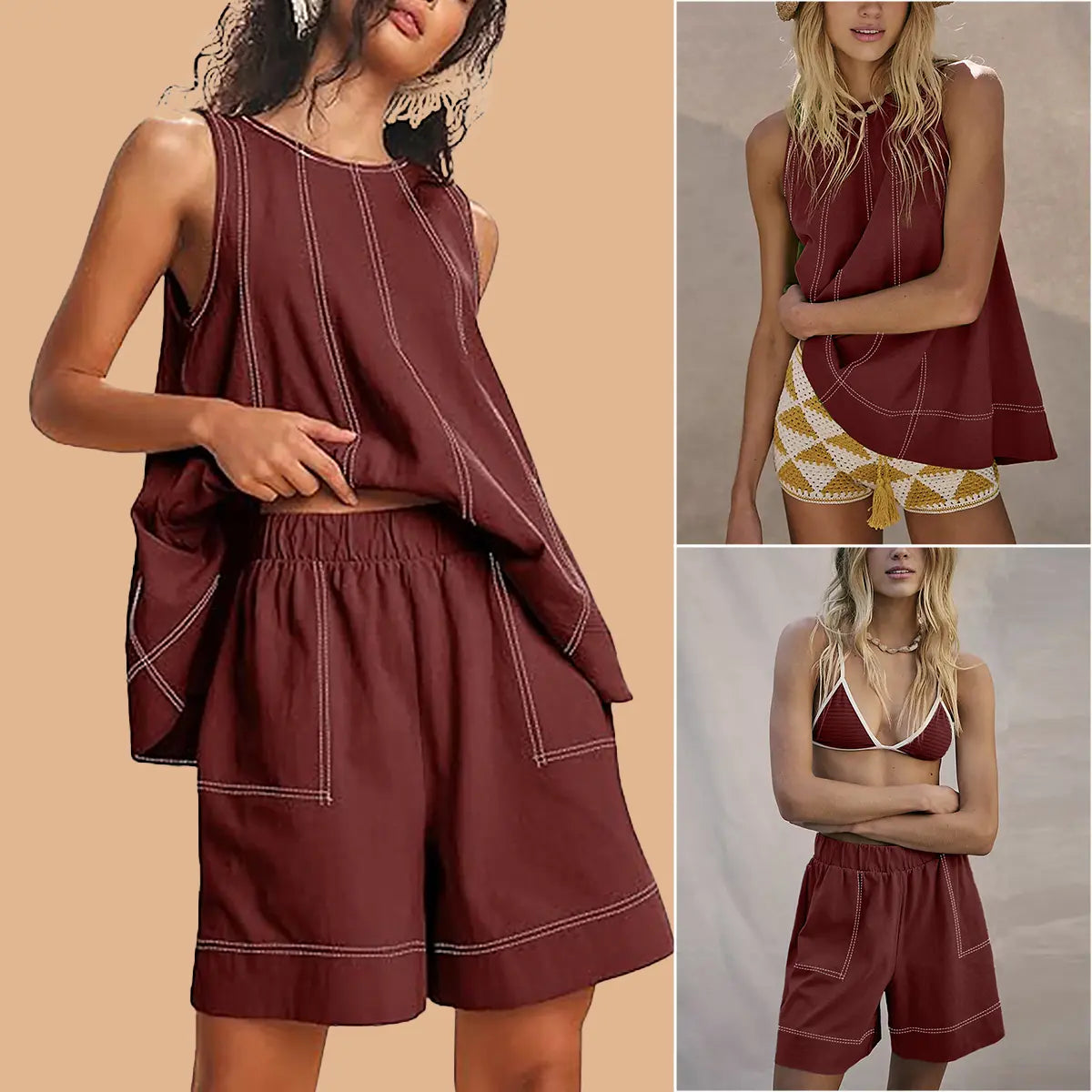 Women Two Piece Short Set Drawstring Elastic Waist Pants Round Neck Tank Tops Comfy Sweatsuit Soft Sleepwear