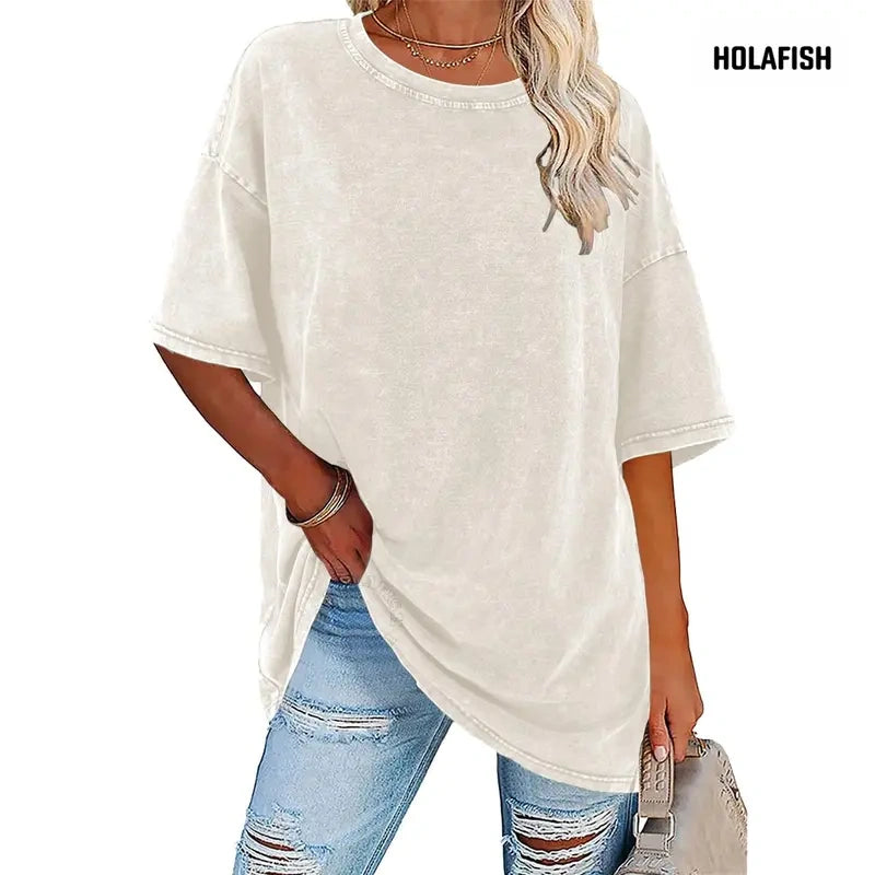 Women's Vintage T-Shirt  Acid Washed Cotton Loose Fit Crewneck Tshirts
