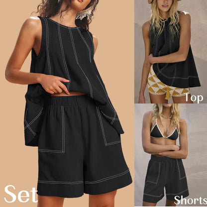 Women Two Piece Short Set Drawstring Elastic Waist Pants Round Neck Tank Tops Comfy Sweatsuit Soft Sleepwear