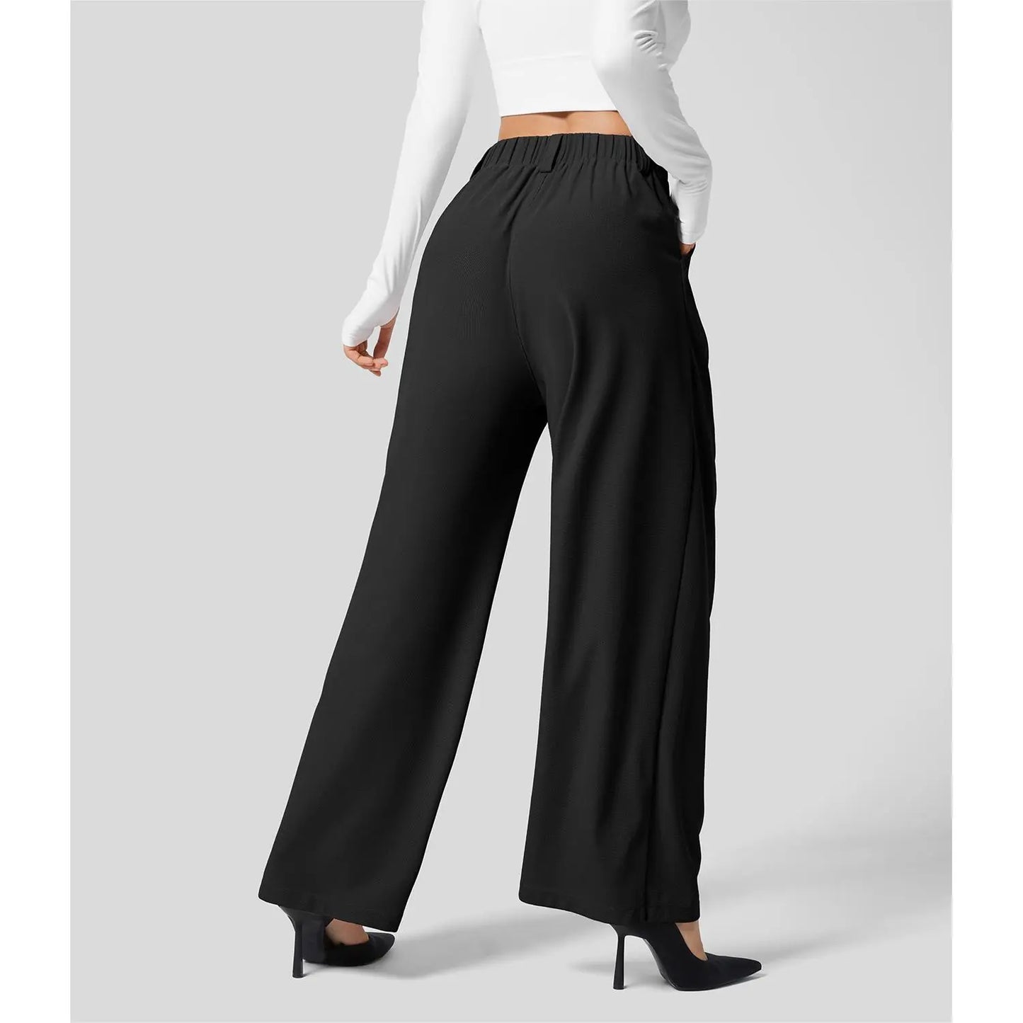Women High Waist Waffle Knit Wide Leg Pants With Side Utility Pockets