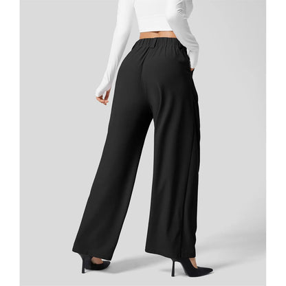 Women High Waist Waffle Knit Wide Leg Pants With Side Utility Pockets