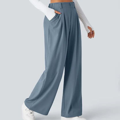 Women High Waist Waffle Knit Wide Leg Pants With Side Utility Pockets