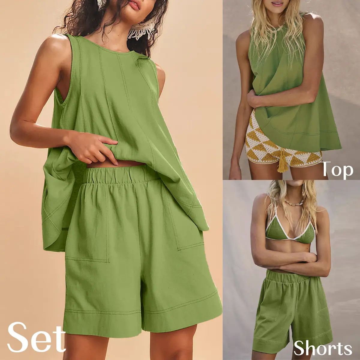 Women Two Piece Short Set Drawstring Elastic Waist Pants Round Neck Tank Tops Comfy Sweatsuit Soft Sleepwear