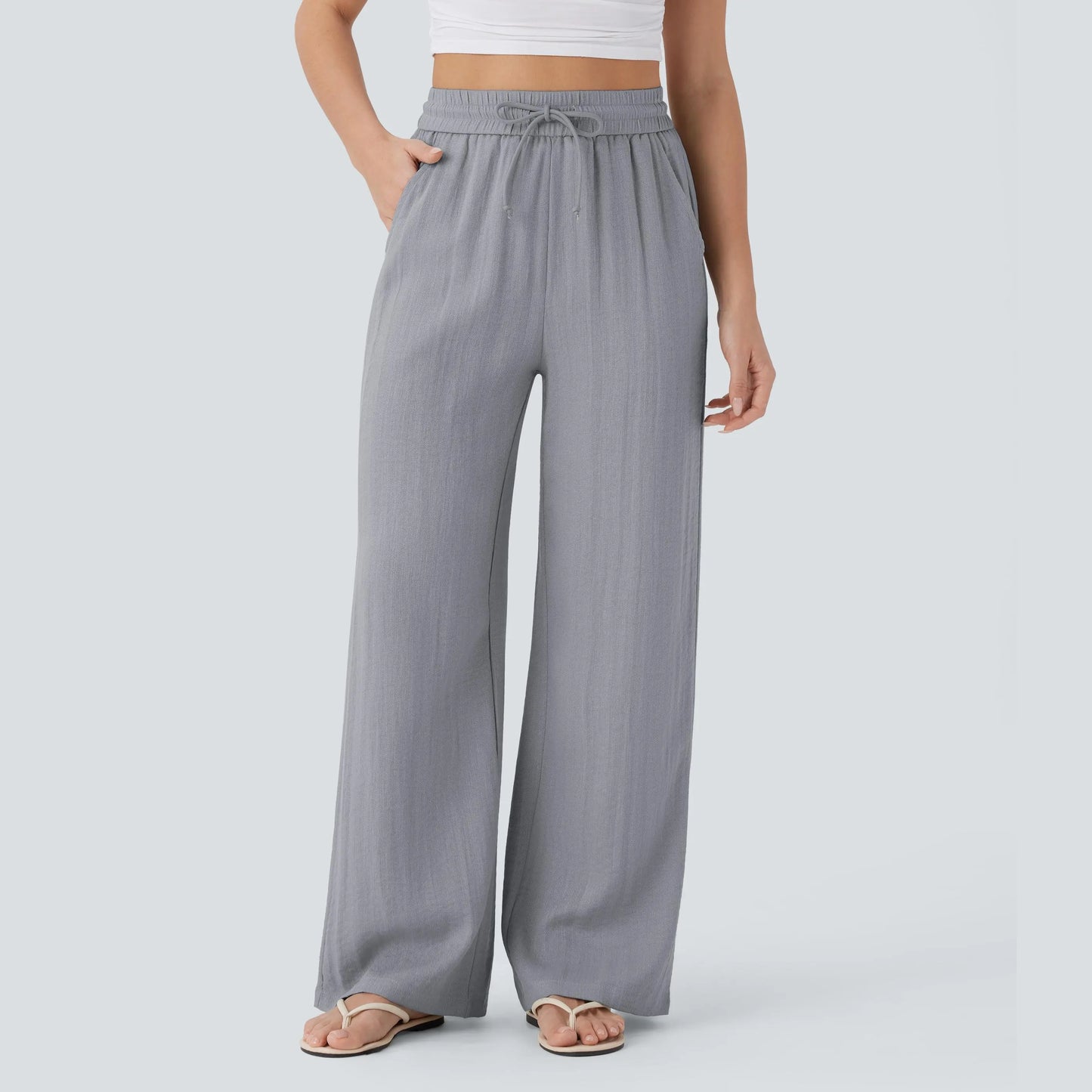 Waisted Drawstring Pocket Wide Leg Baggy Casual Linen-Feel Pants