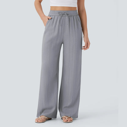 Waisted Drawstring Pocket Wide Leg Baggy Casual Linen-Feel Pants
