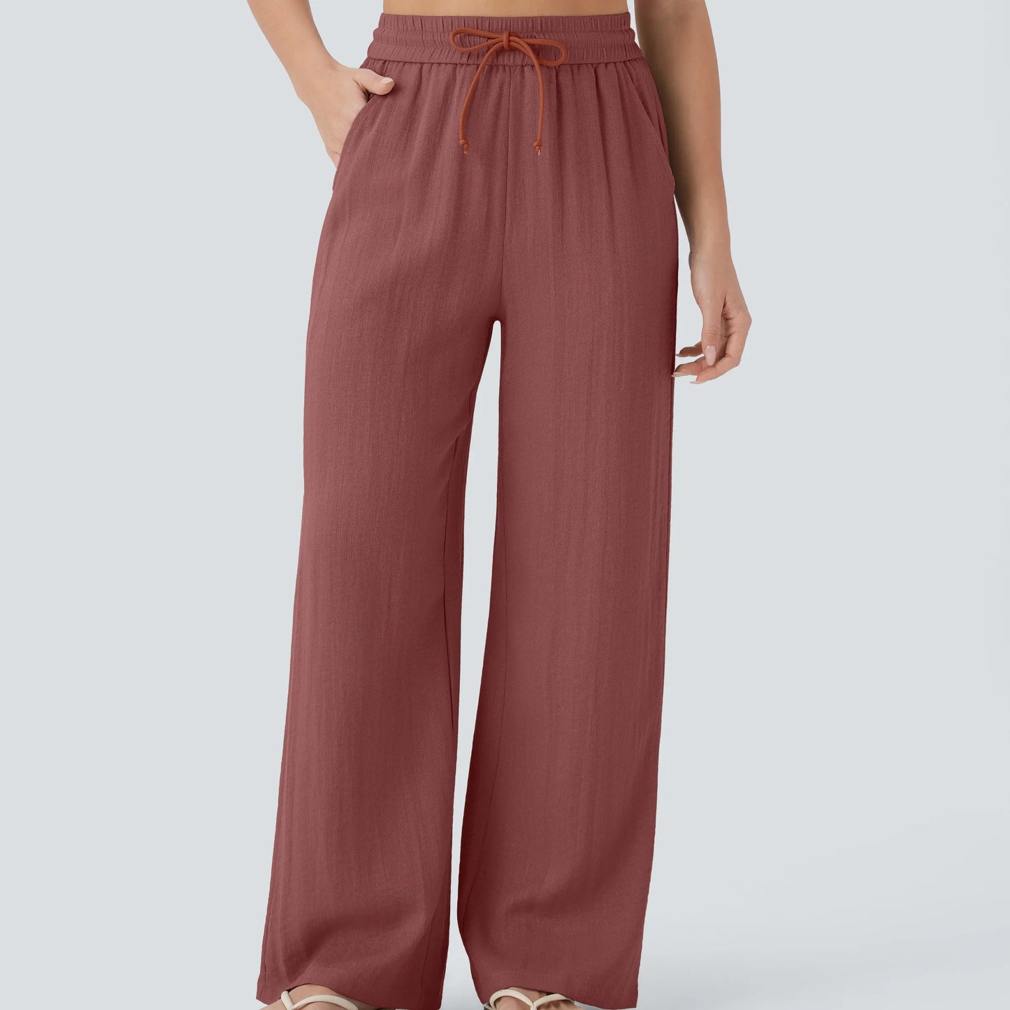 Waisted Drawstring Pocket Wide Leg Baggy Casual Linen-Feel Pants