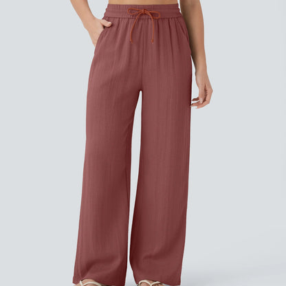 Waisted Drawstring Pocket Wide Leg Baggy Casual Linen-Feel Pants