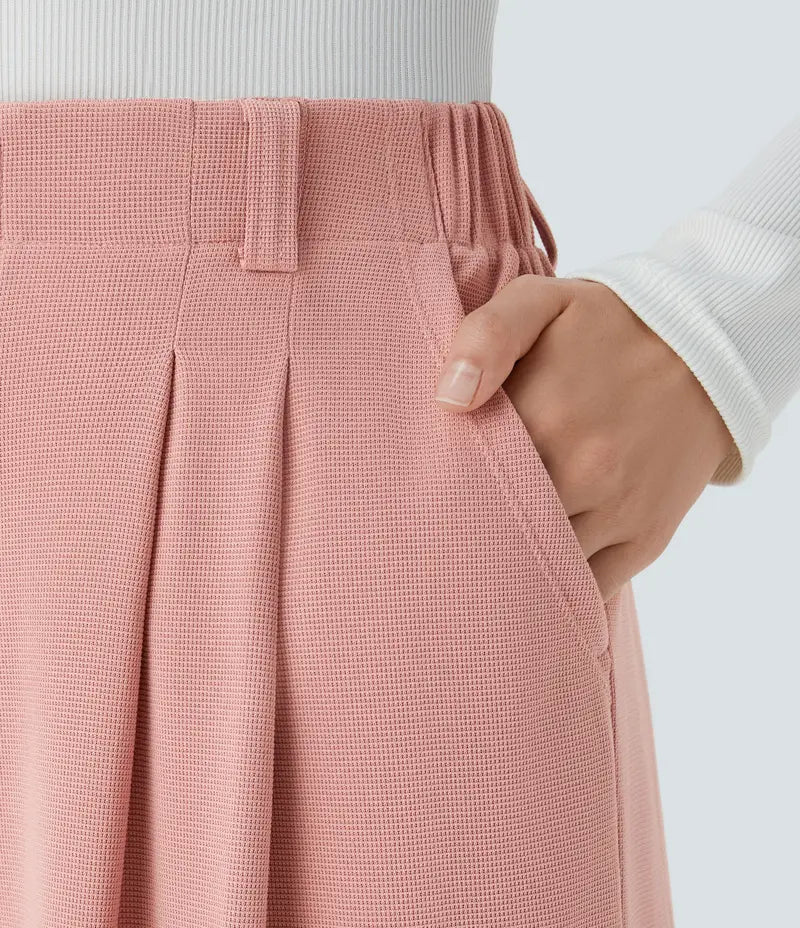 Women High Waist Waffle Knit Wide Leg Pants With Side Utility Pockets