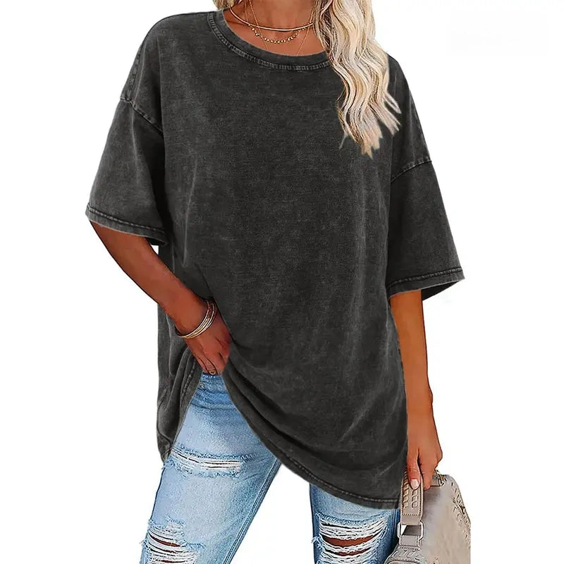 Women's Vintage T-Shirt  Acid Washed Cotton Loose Fit Crewneck Tshirts