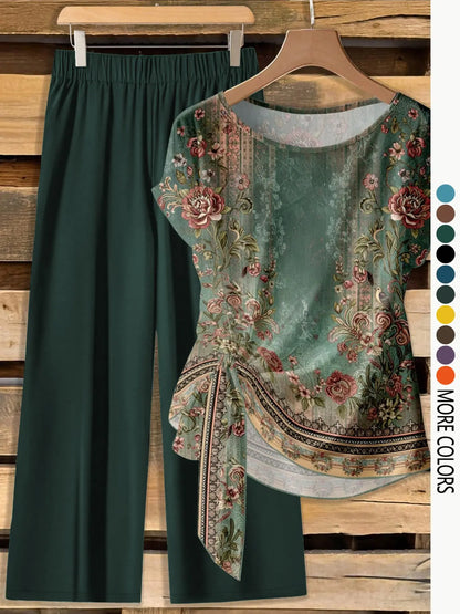 This Week's Special Price💥Women's Casual Printed Necktie Shirt and Loose Straight Pants Set